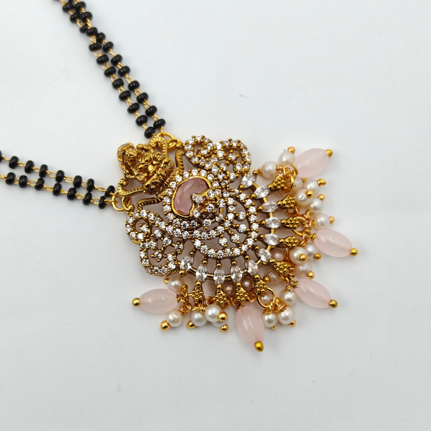 39840 2 lines black beads with Lakshmi locket and pink monalisa beads