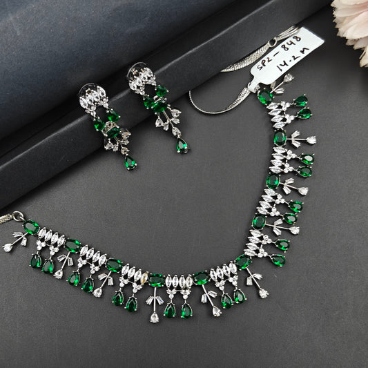 848 Platinum Green Colour Short Necklace Set