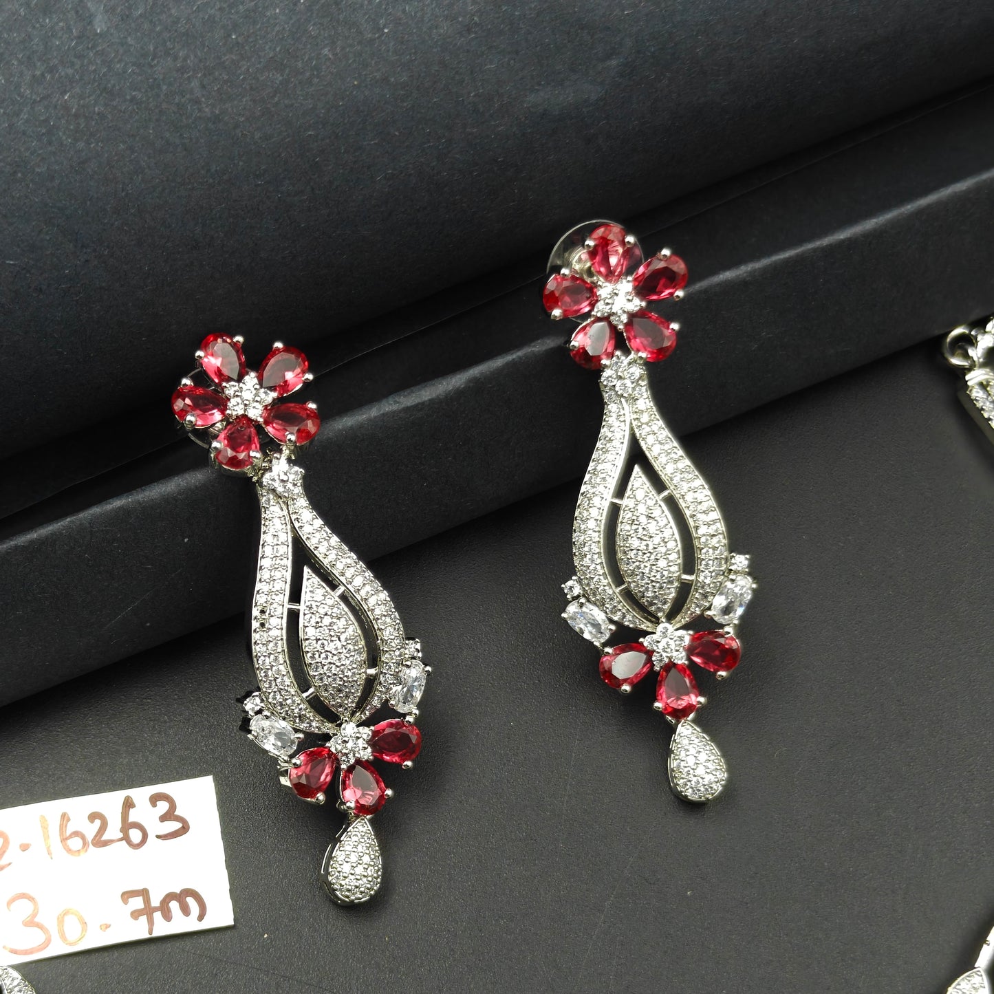 16263 Platinum Floral Stiff Long  Red Necklace Set