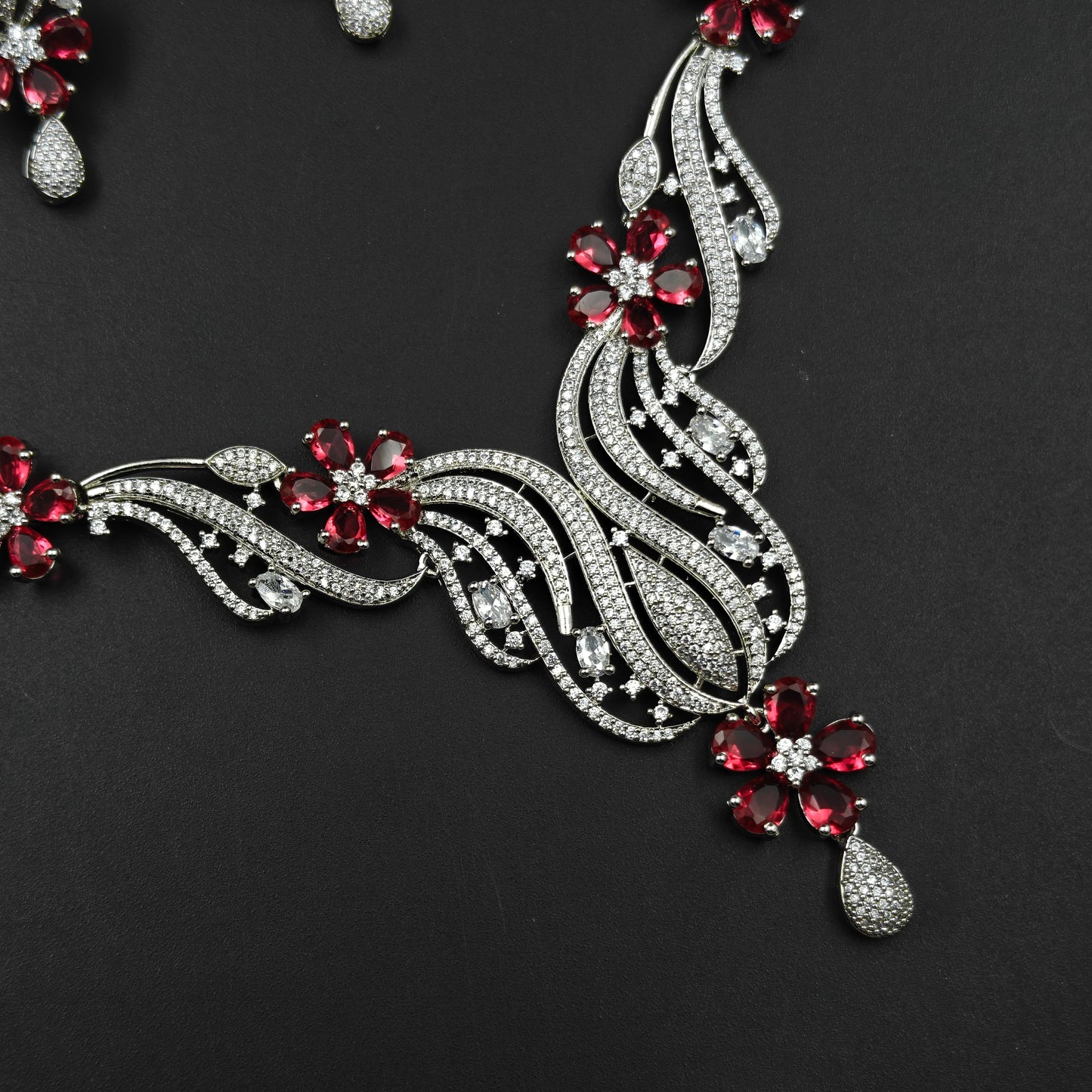 16263 Platinum Floral Stiff Long  Red Necklace Set
