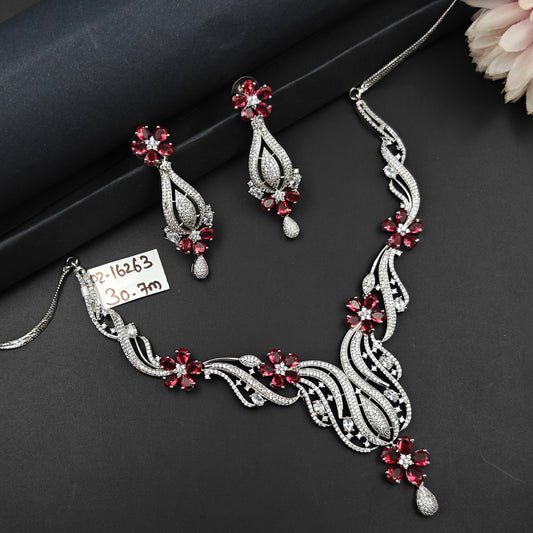 16263 Platinum Floral Stiff Long  Red Necklace Set