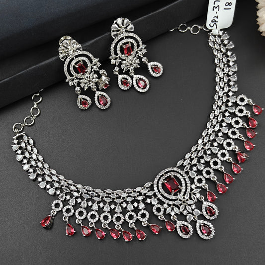 37581 Platinum Necklace with Stone Hangings Red