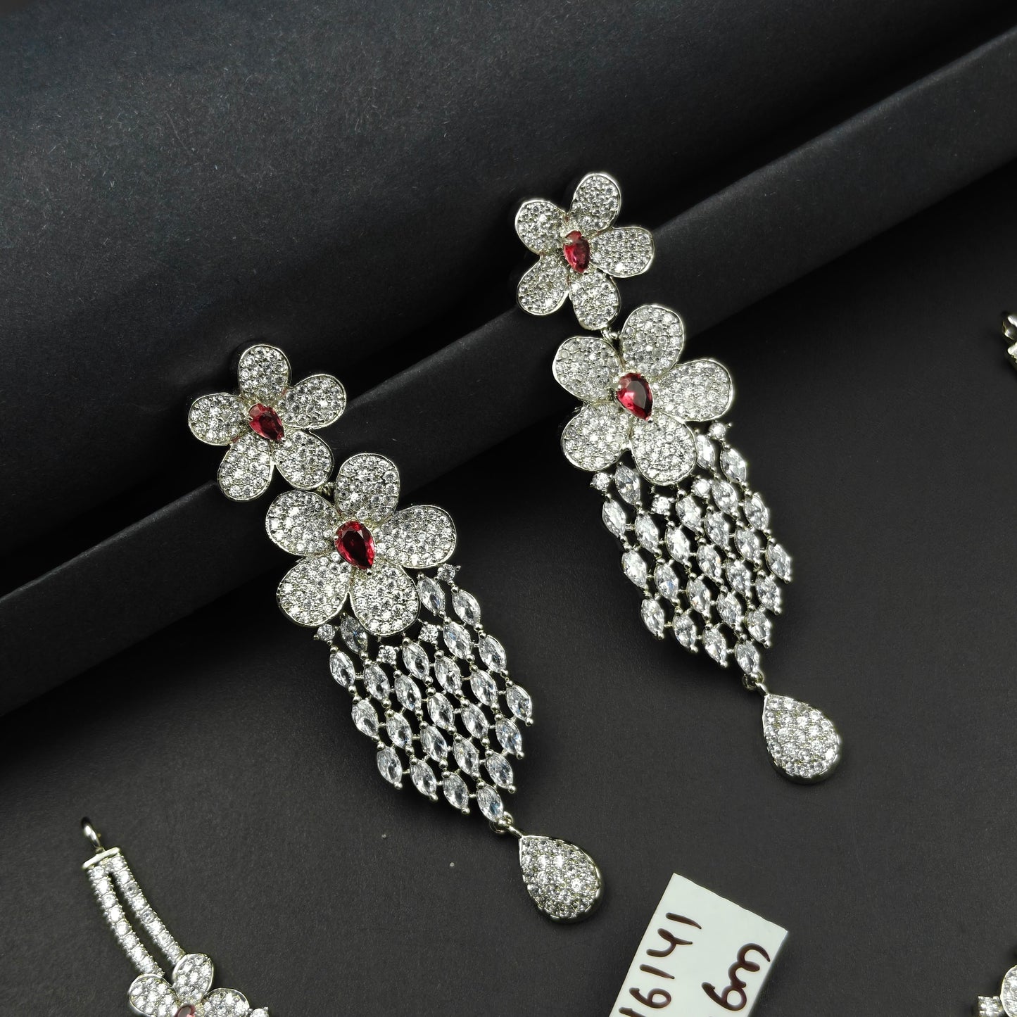 16141 Platinum CZ Flower Short Red