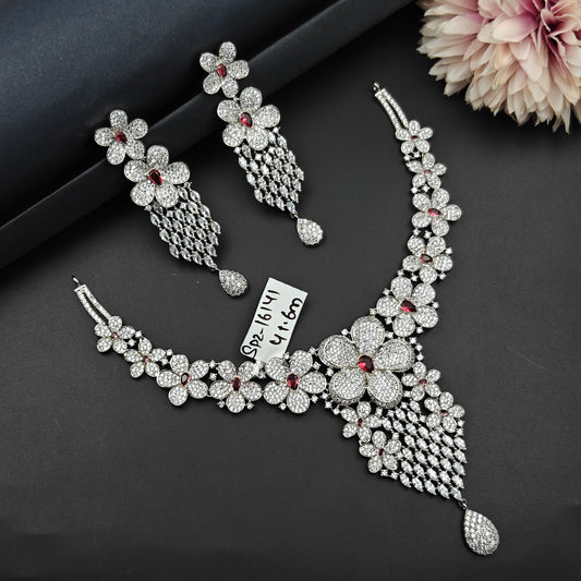 16141 Platinum CZ Flower Short Red