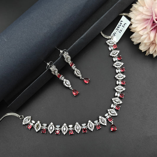 39469 Platinum Short Necklace Set Red