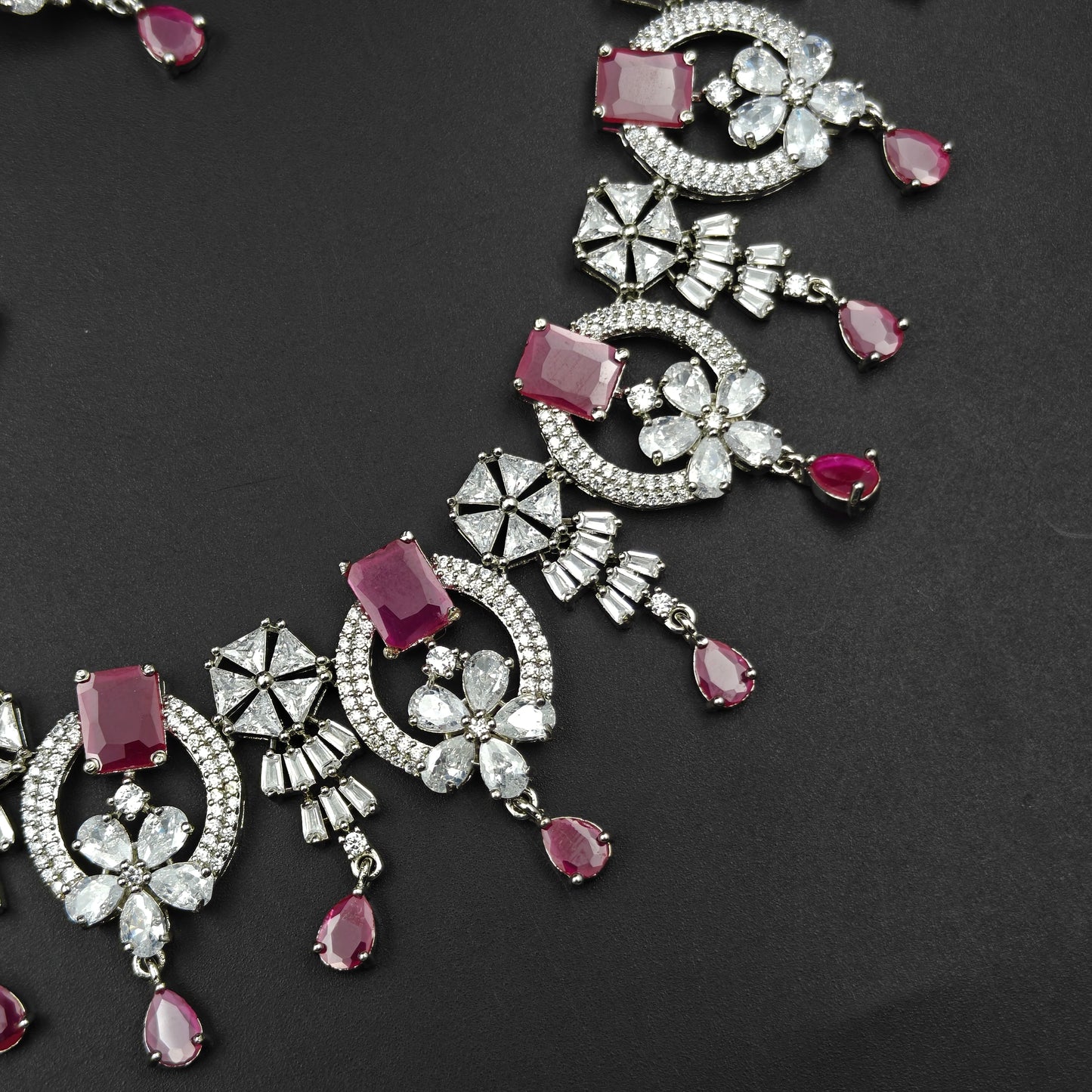 16518 Platinum Necklace Dark  Pink  with Finger Ring and Tikka