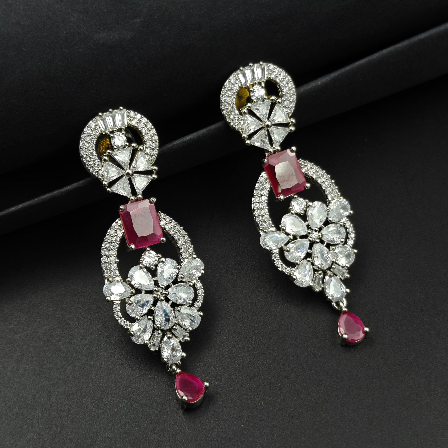 16518 Platinum Necklace Dark  Pink  with Finger Ring and Tikka