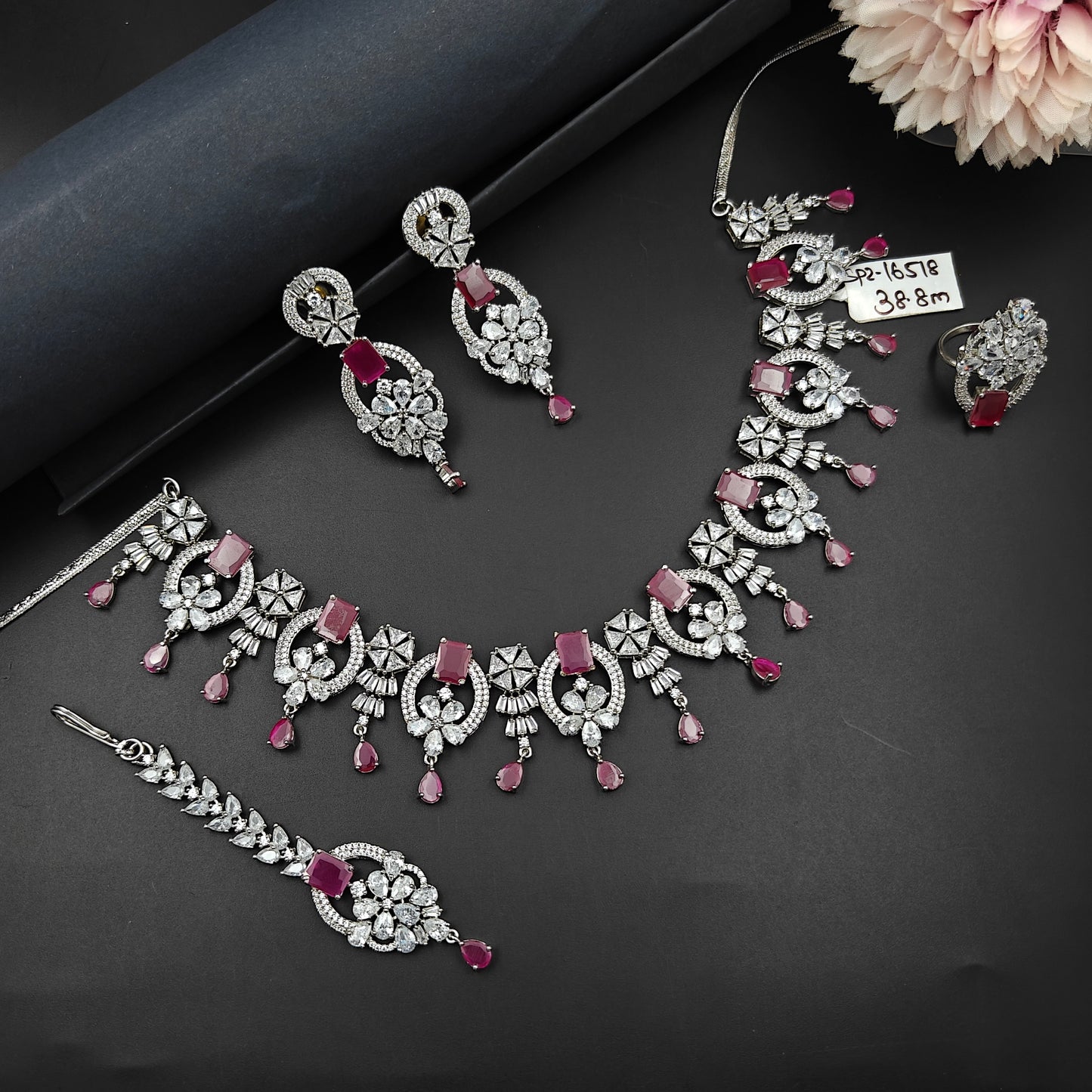 16518 Platinum Necklace Dark  Pink  with Finger Ring and Tikka