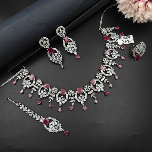 16518 Platinum Necklace Dark  Pink  with Finger Ring and Tikka