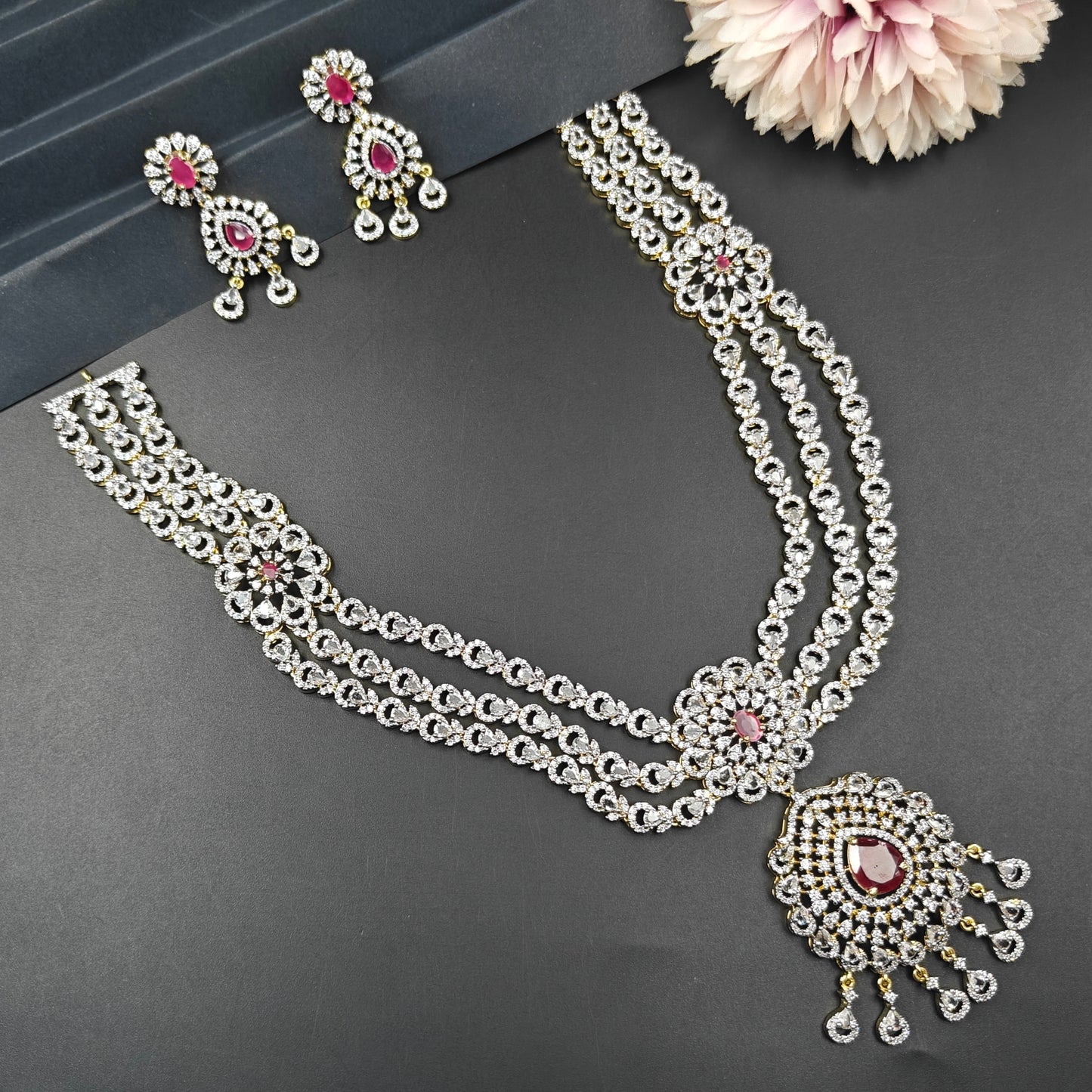 40486 GJ 3 Layers Necklace Set  Red