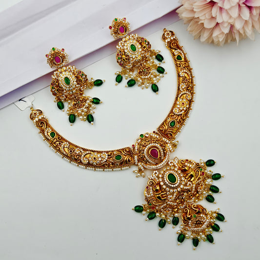 40452 Nakshi Gold Look Kante With 2 Elephant Pattern & Screw Back Earrings