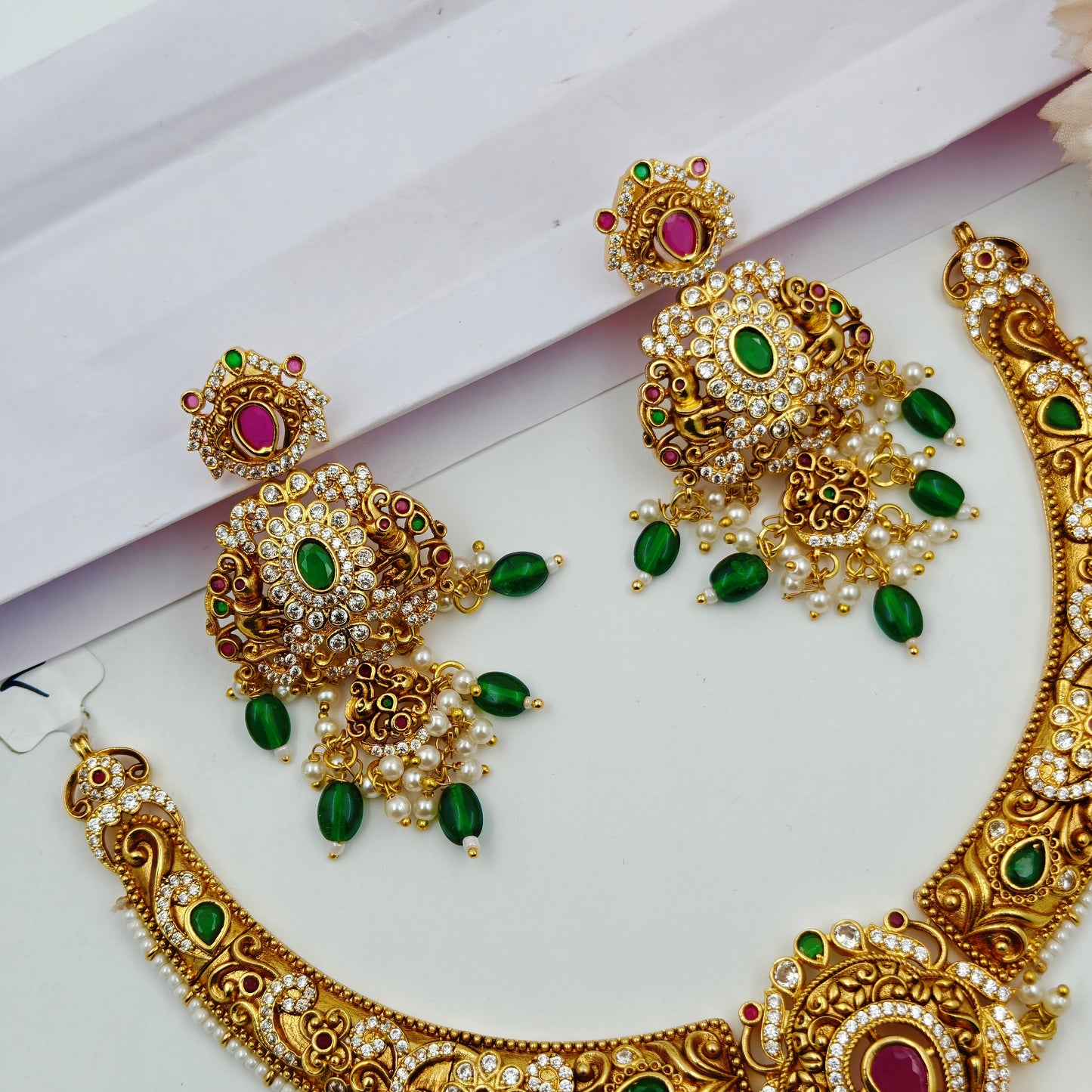 40452 Nakshi Gold Look Kante With 2 Elephant Pattern & Screw Back Earrings