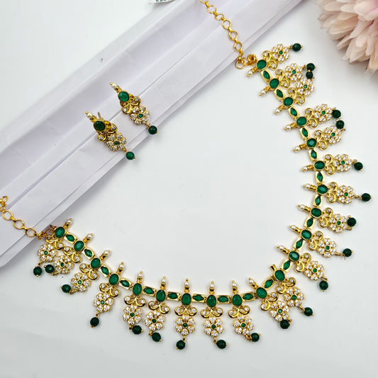 1097 Gutta Pusala Green Short Necklace Set
