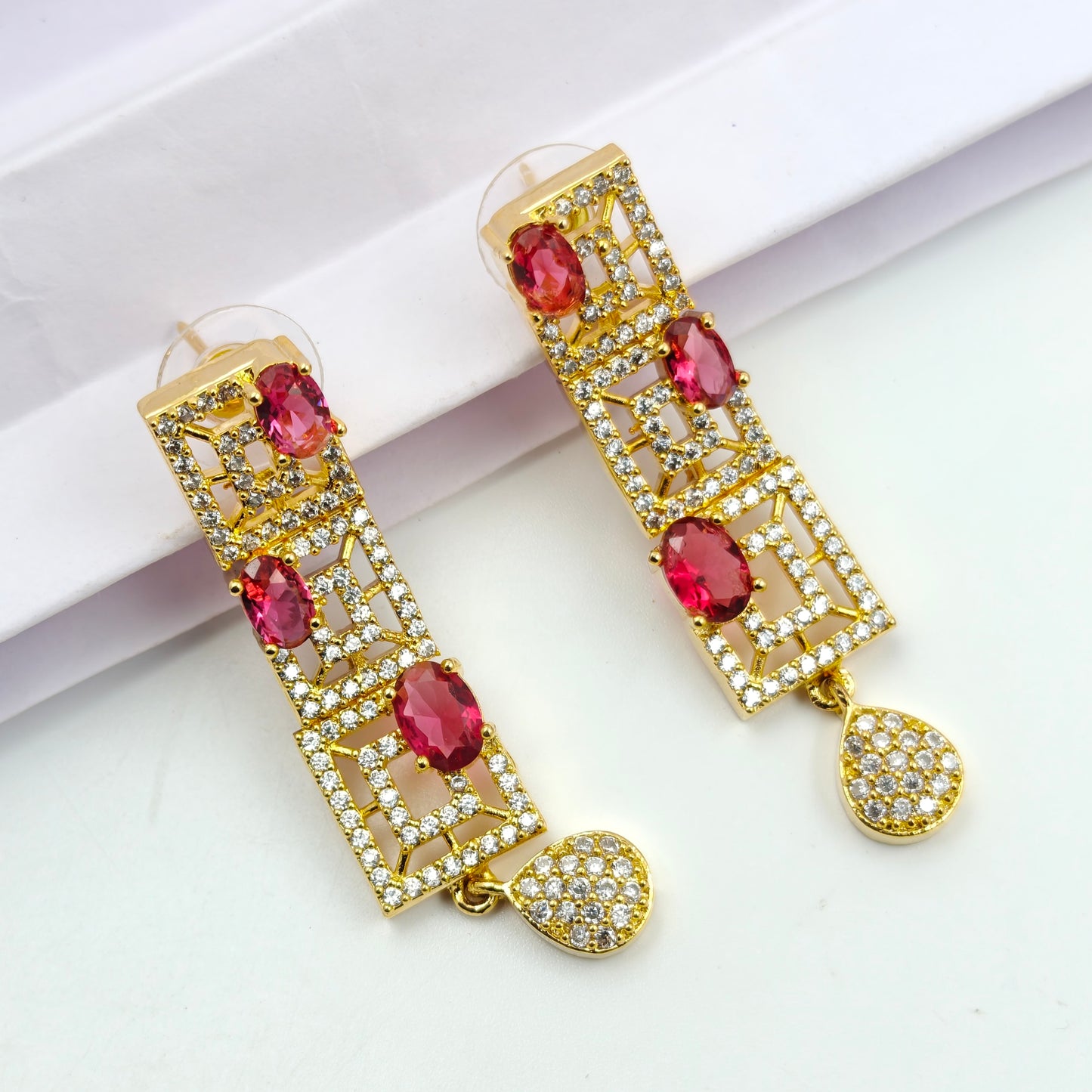 16279 GP Gold Stone Square Necklace Set Red