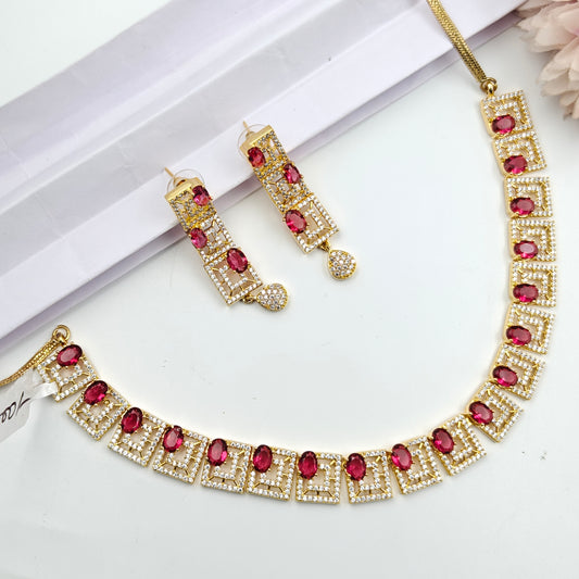 16279 GP Gold Stone Square Necklace Set Red