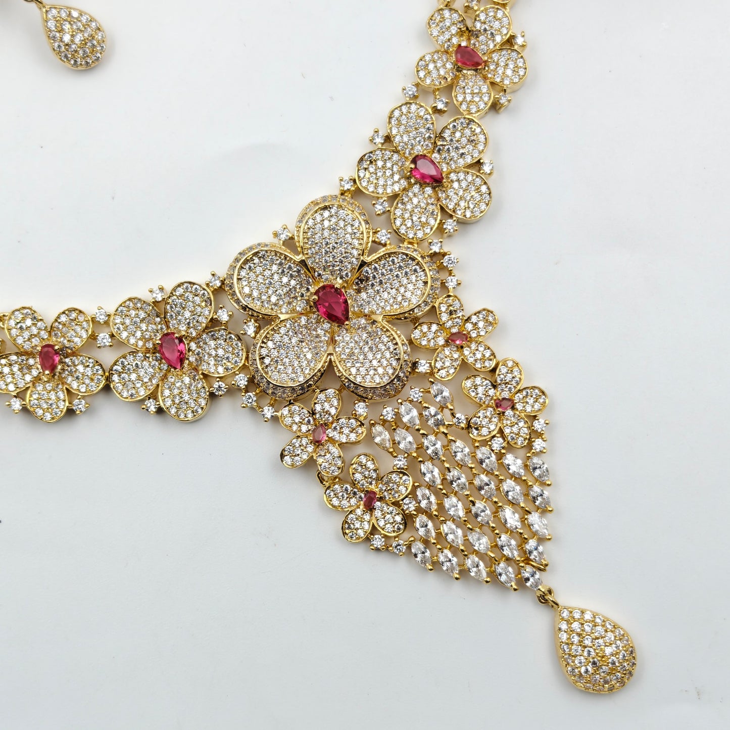 16146 Platinum CZ Flower Short Red