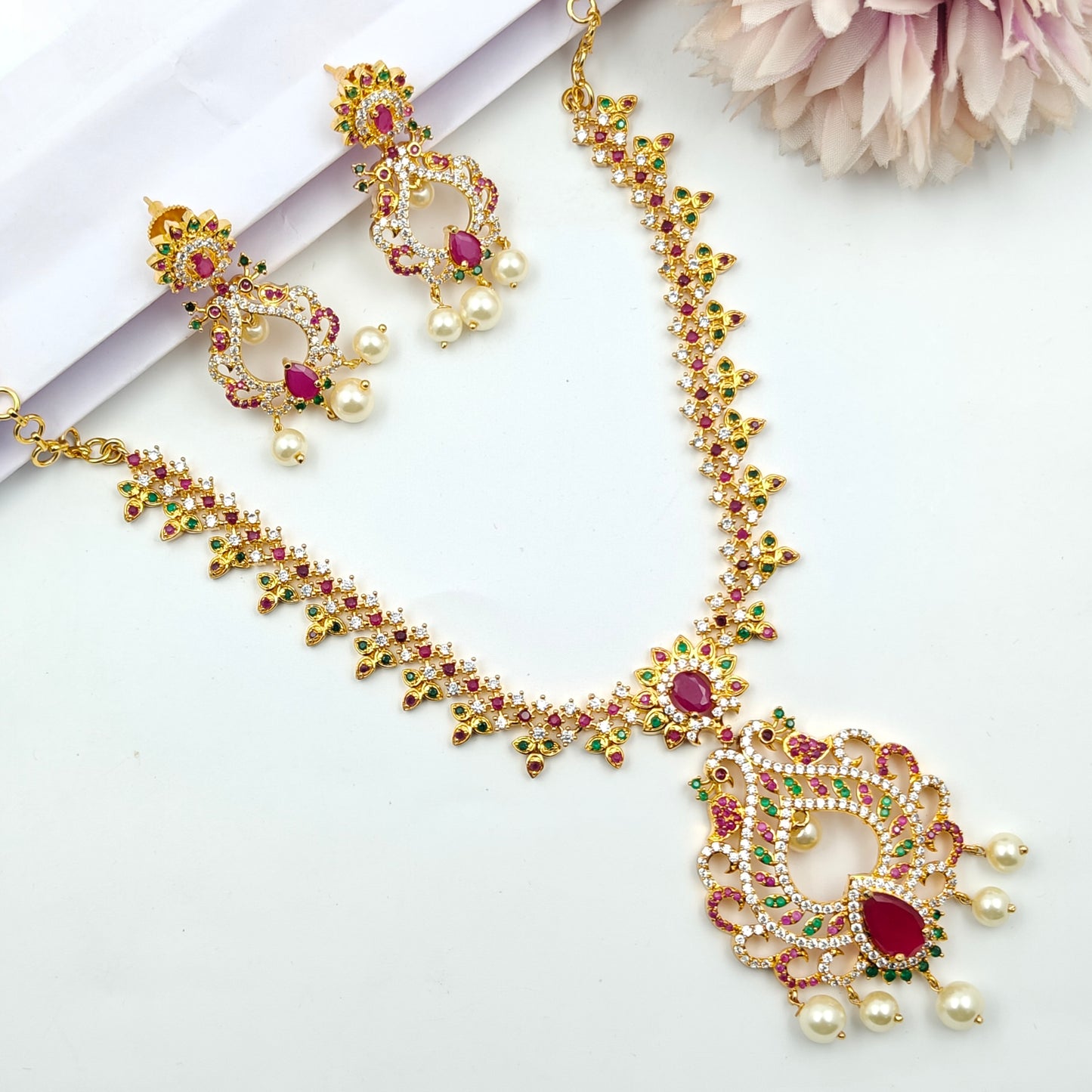 14472  CZ Multi Peacock Short Necklace