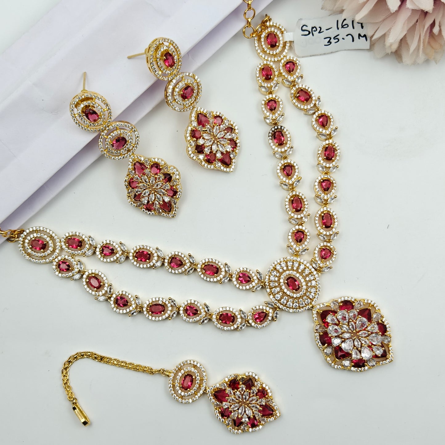 16197 GP 2 Lines Flower Red  Short Necklace Set
