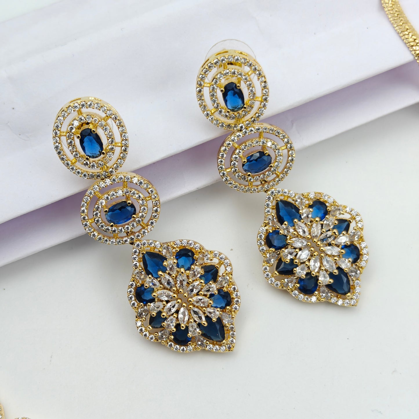 16194  GP 2 Lines Flower Blue Short Necklace Set