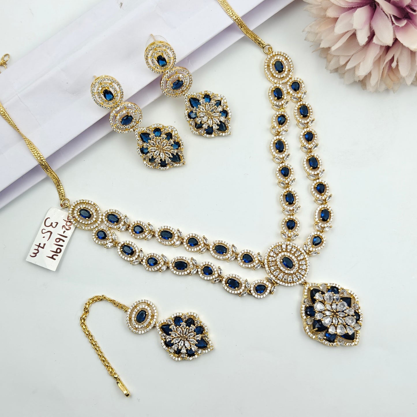 16194  GP 2 Lines Flower Blue Short Necklace Set