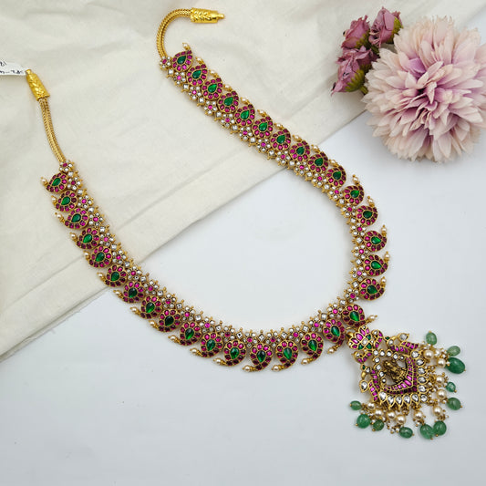 40572 Jadau Multi Mango Long Necklace Set With Laxmi Pendent
