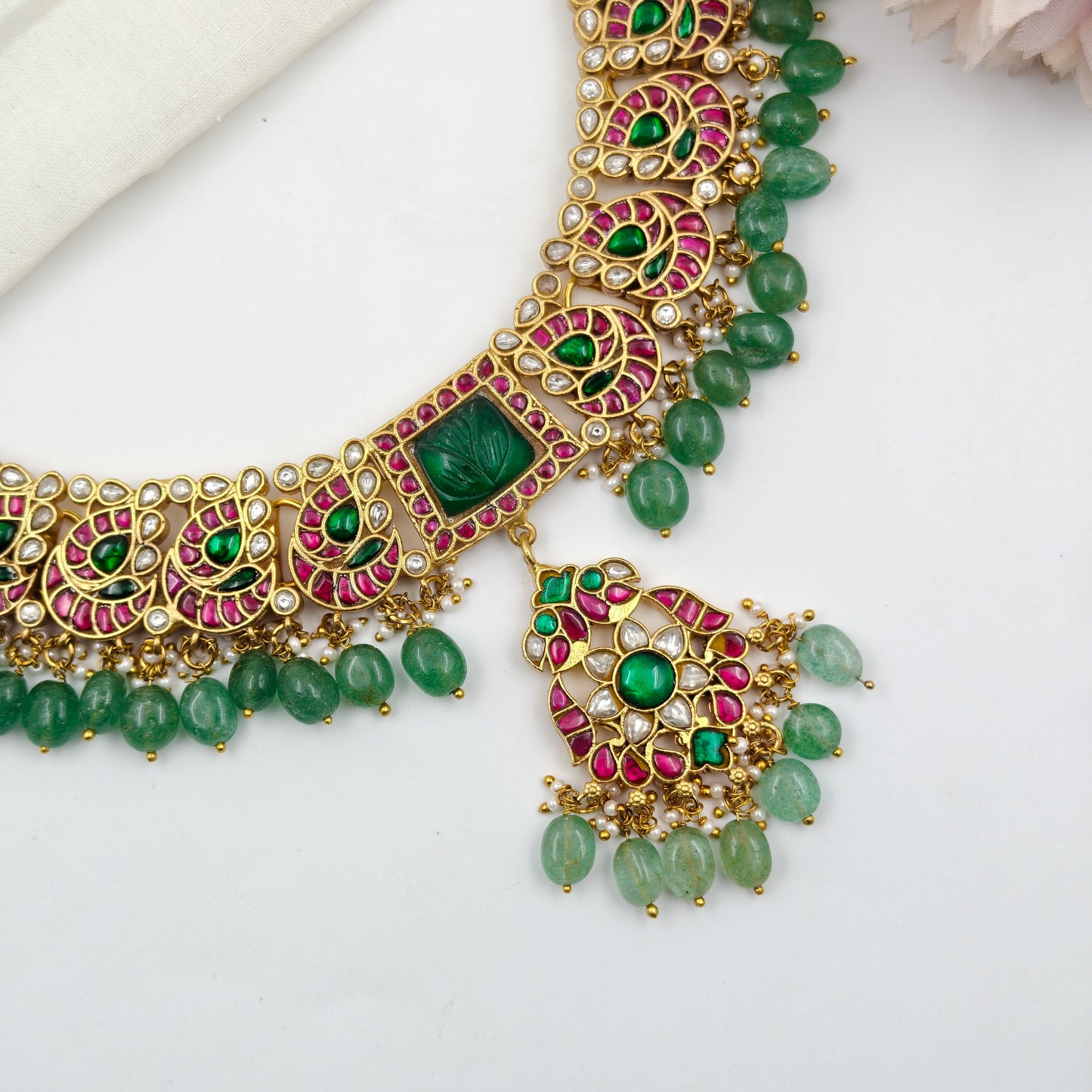 40574 Jadau Peacock With Necklace Set Green Duplet Stone
