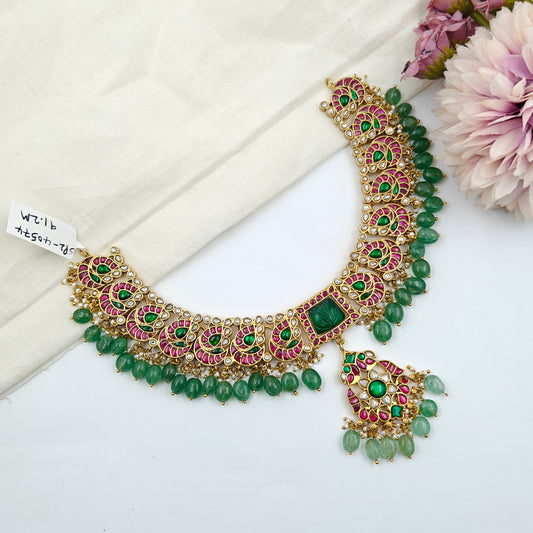 40574 Jadau Peacock With Necklace Set Green Duplet Stone