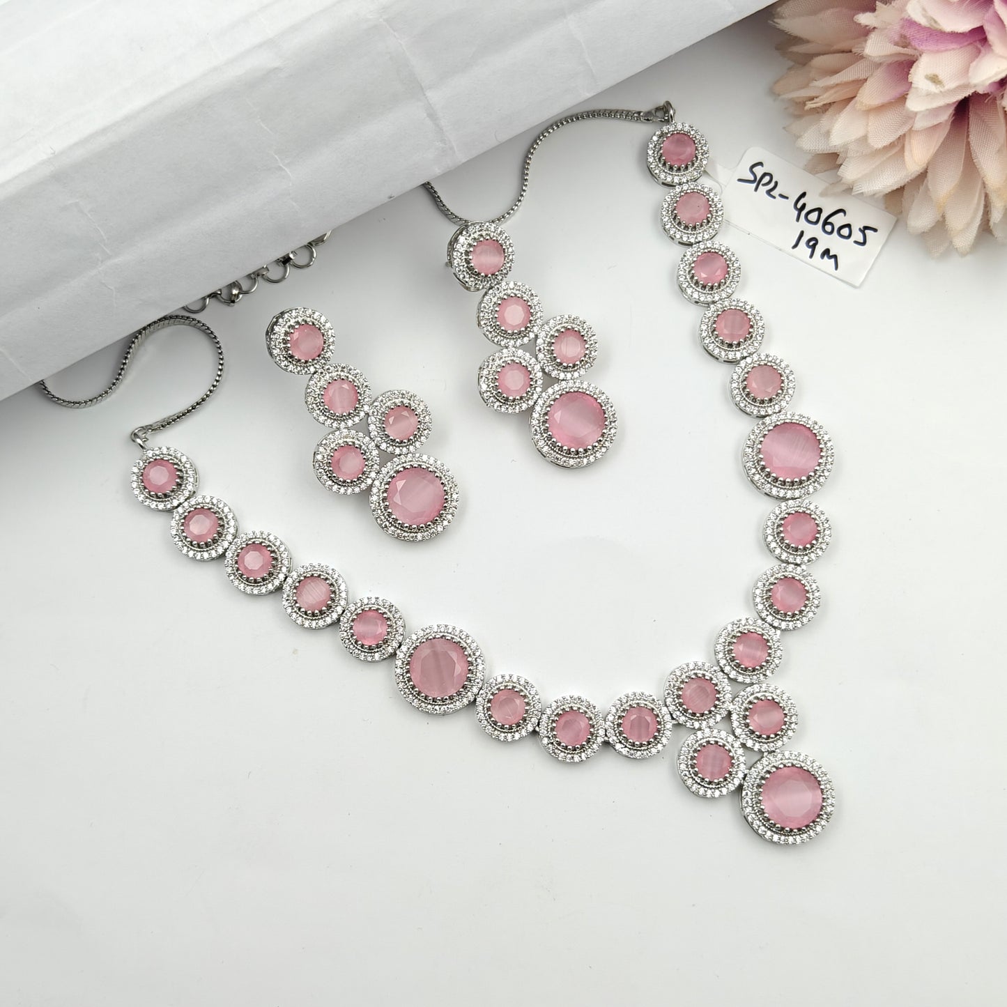 40605 Platinum Necklace Set Mint Pink