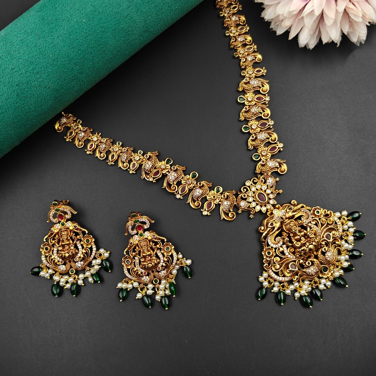 40615 Matte Laxmi Peacock Long Necklace Short