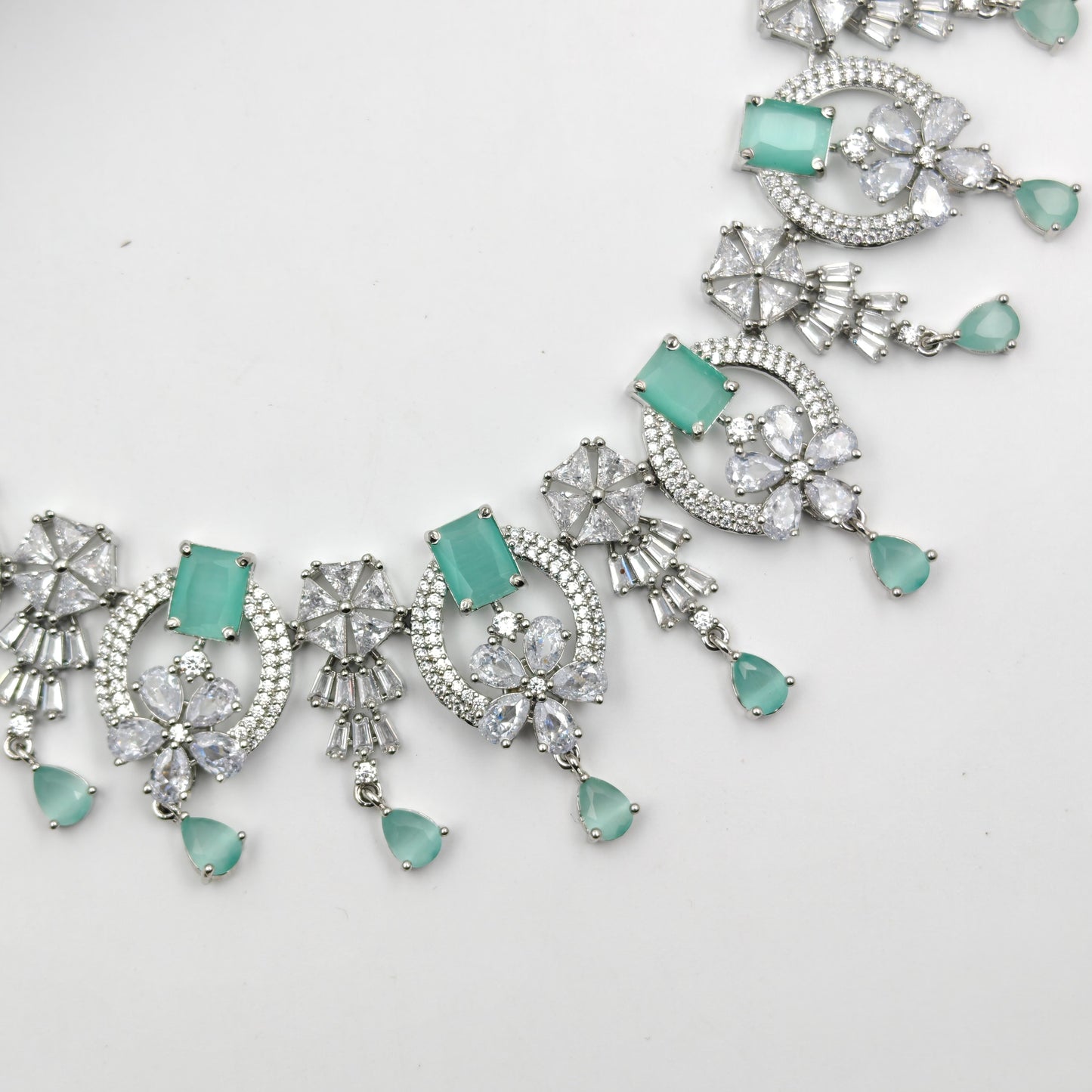Platinum Necklace Mint Green with Finger Ring and Tikka