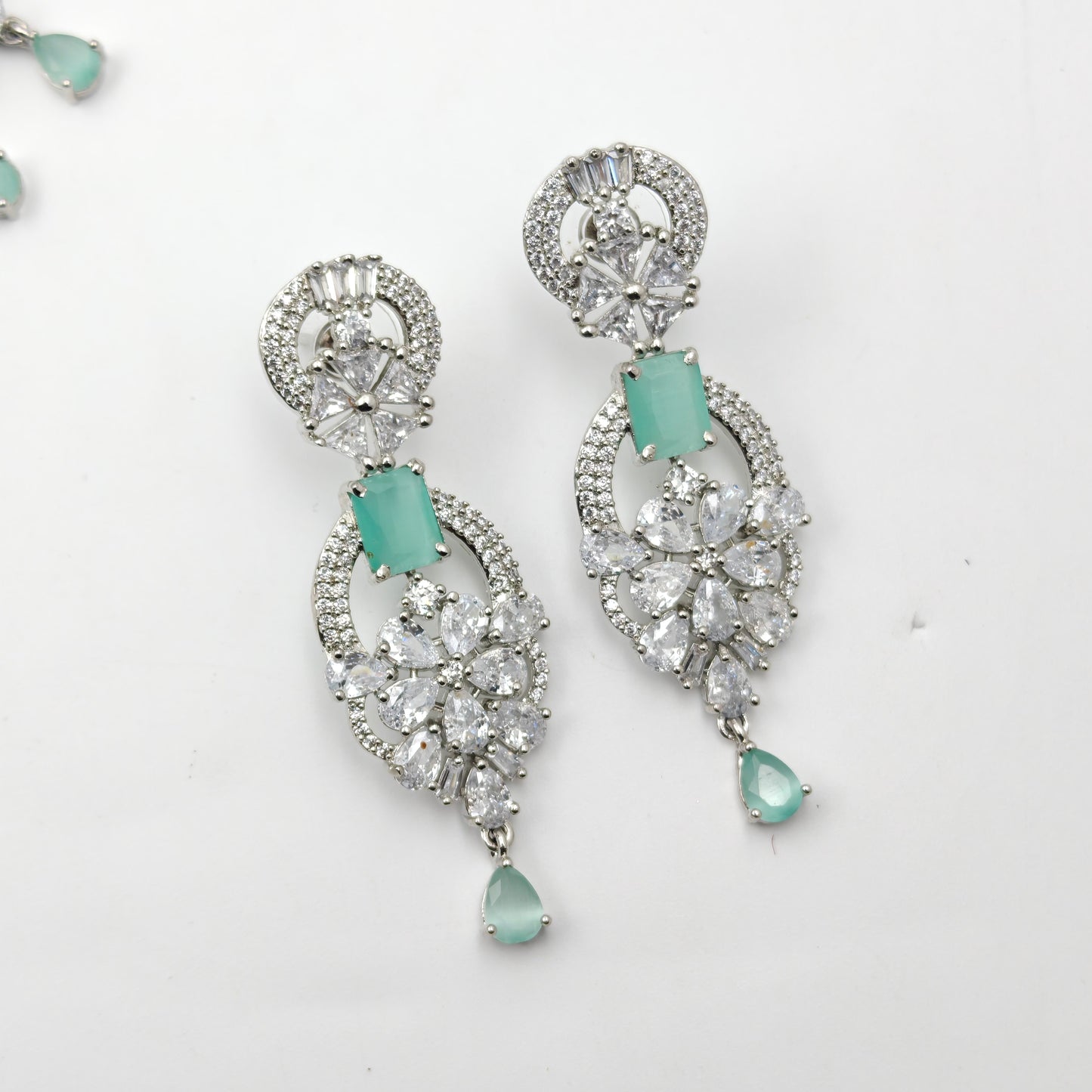 Platinum Necklace Mint Green with Finger Ring and Tikka