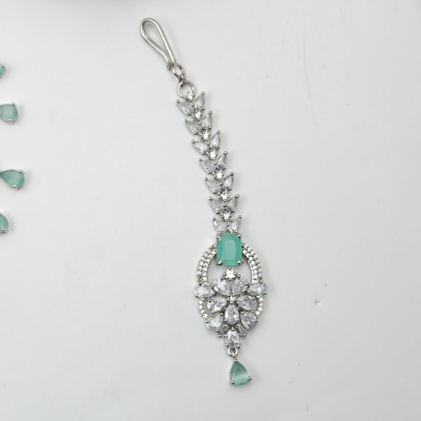 Platinum Necklace Mint Green with Finger Ring and Tikka