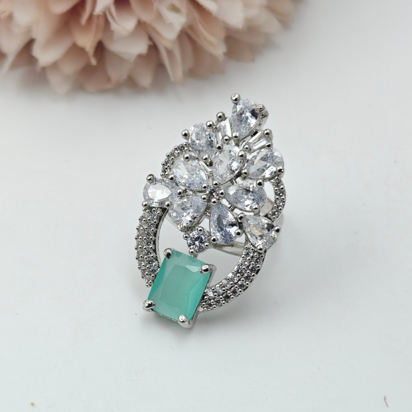 Platinum Necklace Mint Green with Finger Ring and Tikka