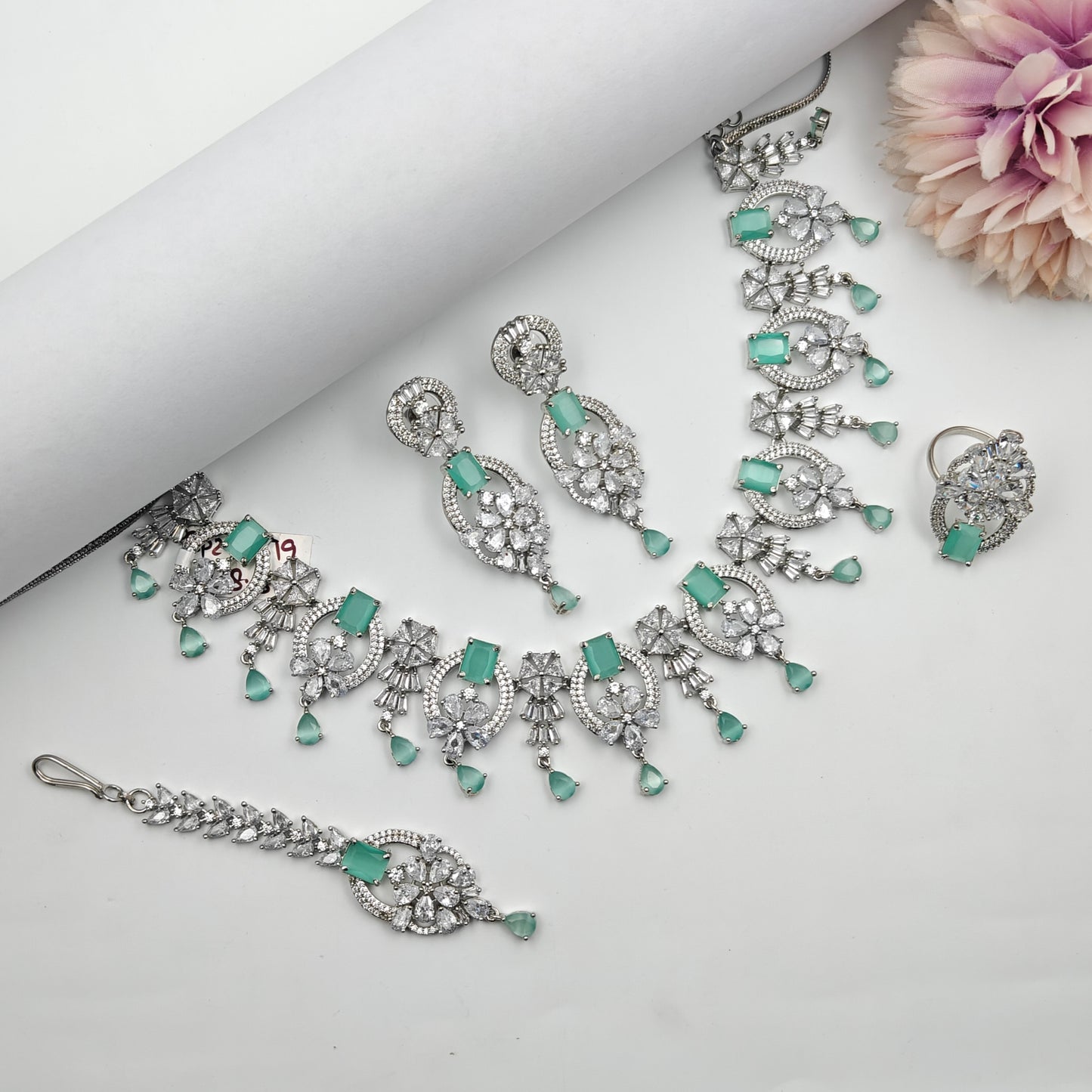Platinum Necklace Mint Green with Finger Ring and Tikka