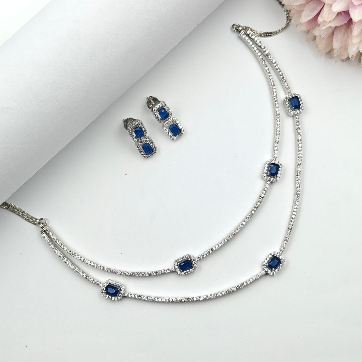 21808 Platinum 2 Lines Necklace Blue