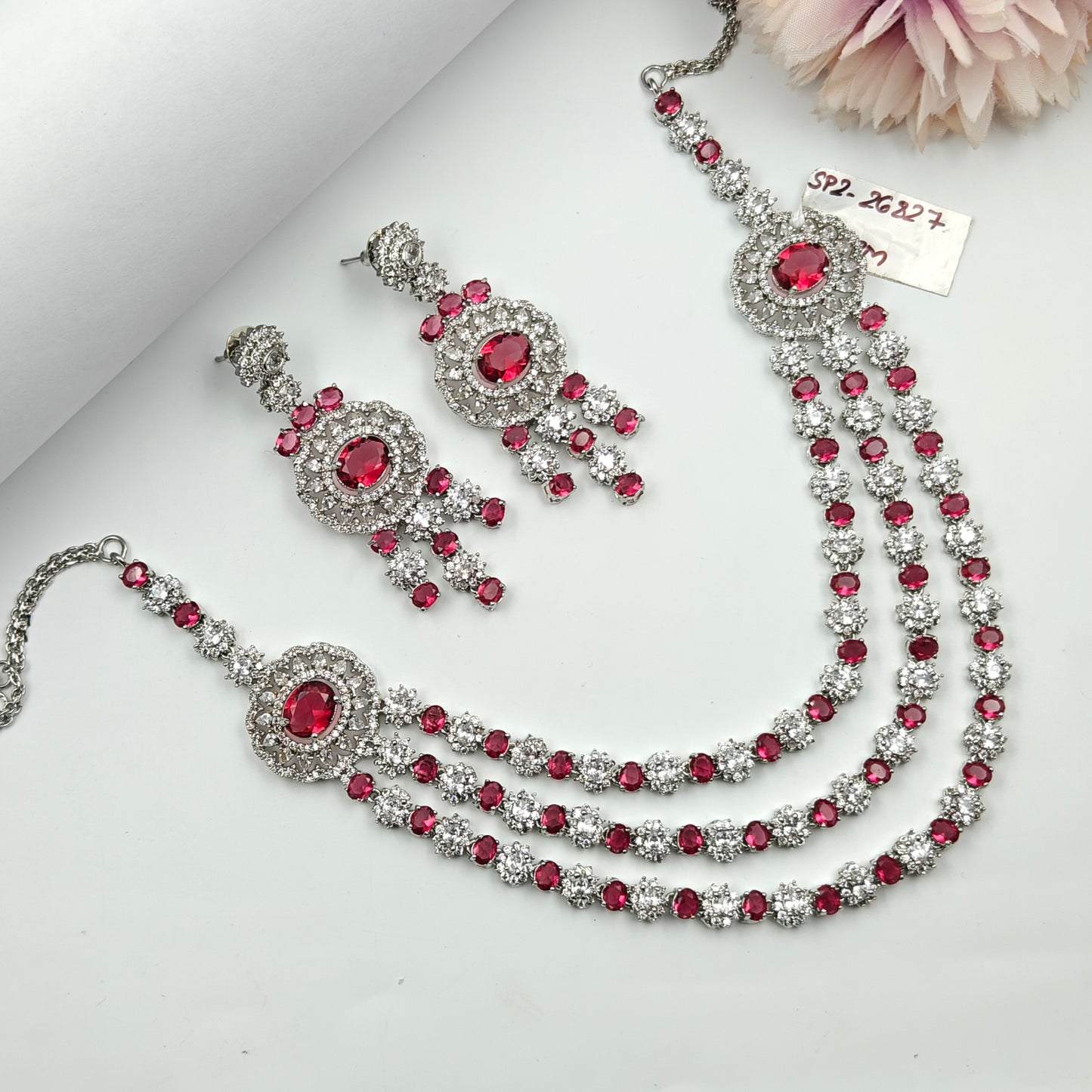 26827 Platinum 3 Lines Necklace Red
