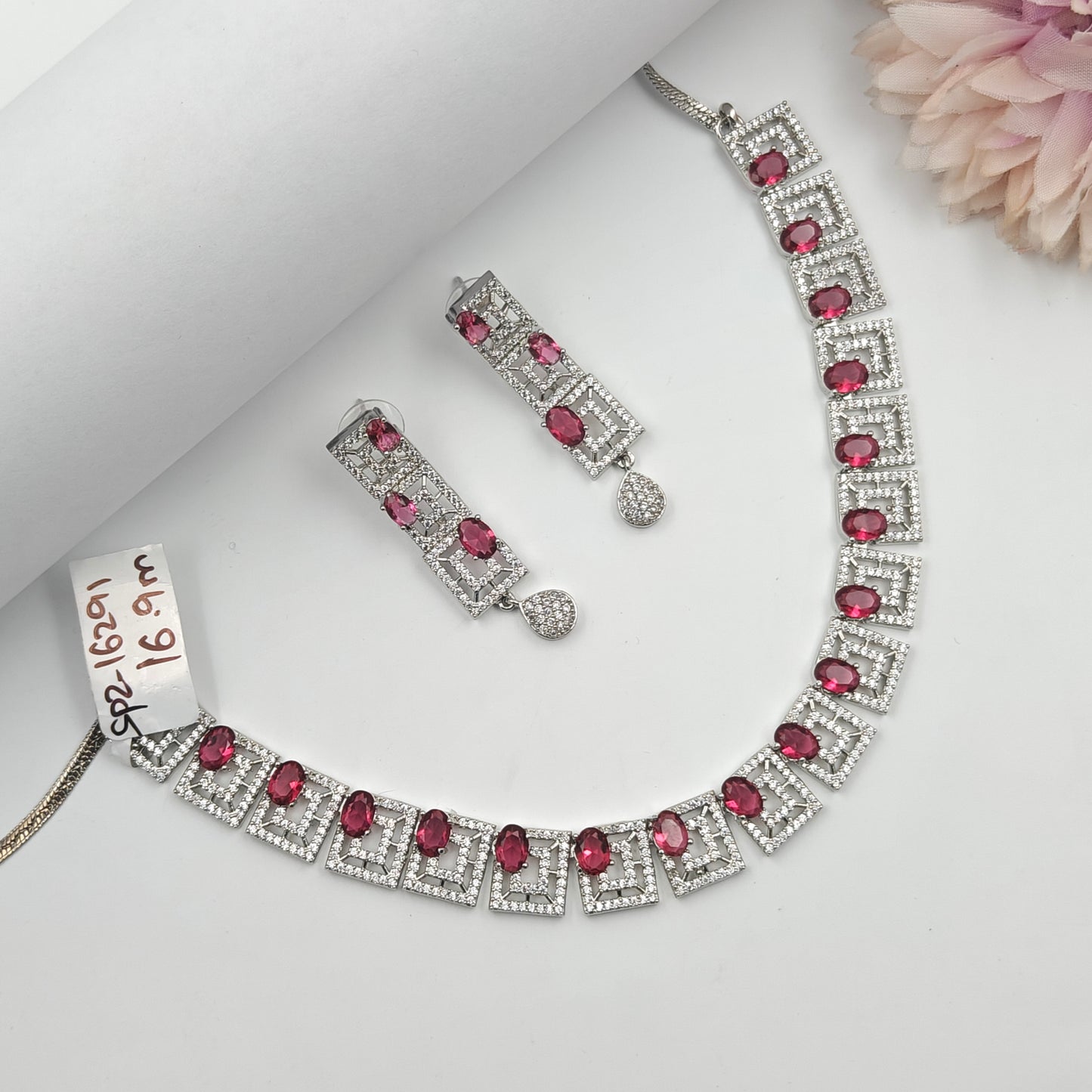 Platinum Square Stone Necklace Set Red 16291