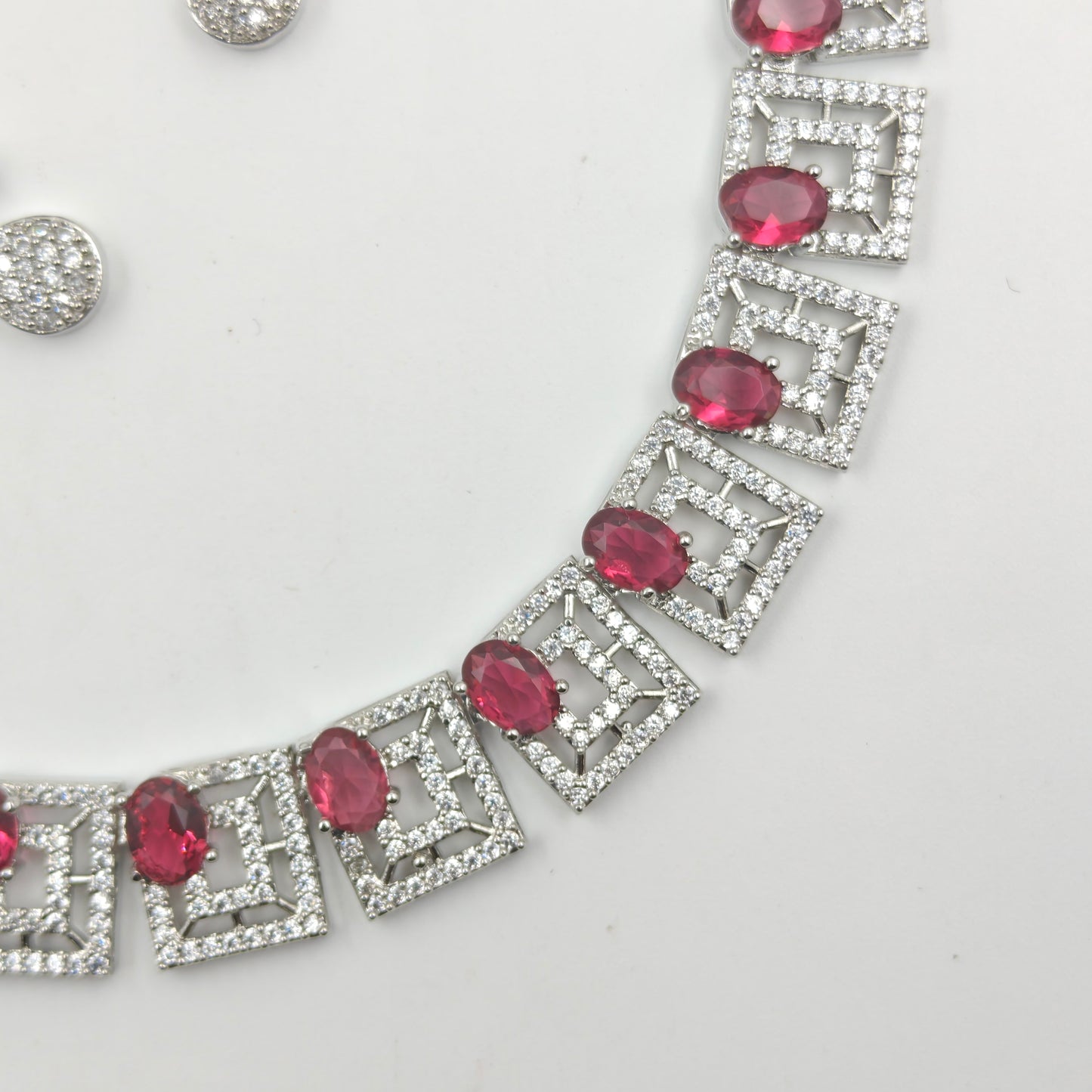 Platinum Square Stone Necklace Set Red 16291