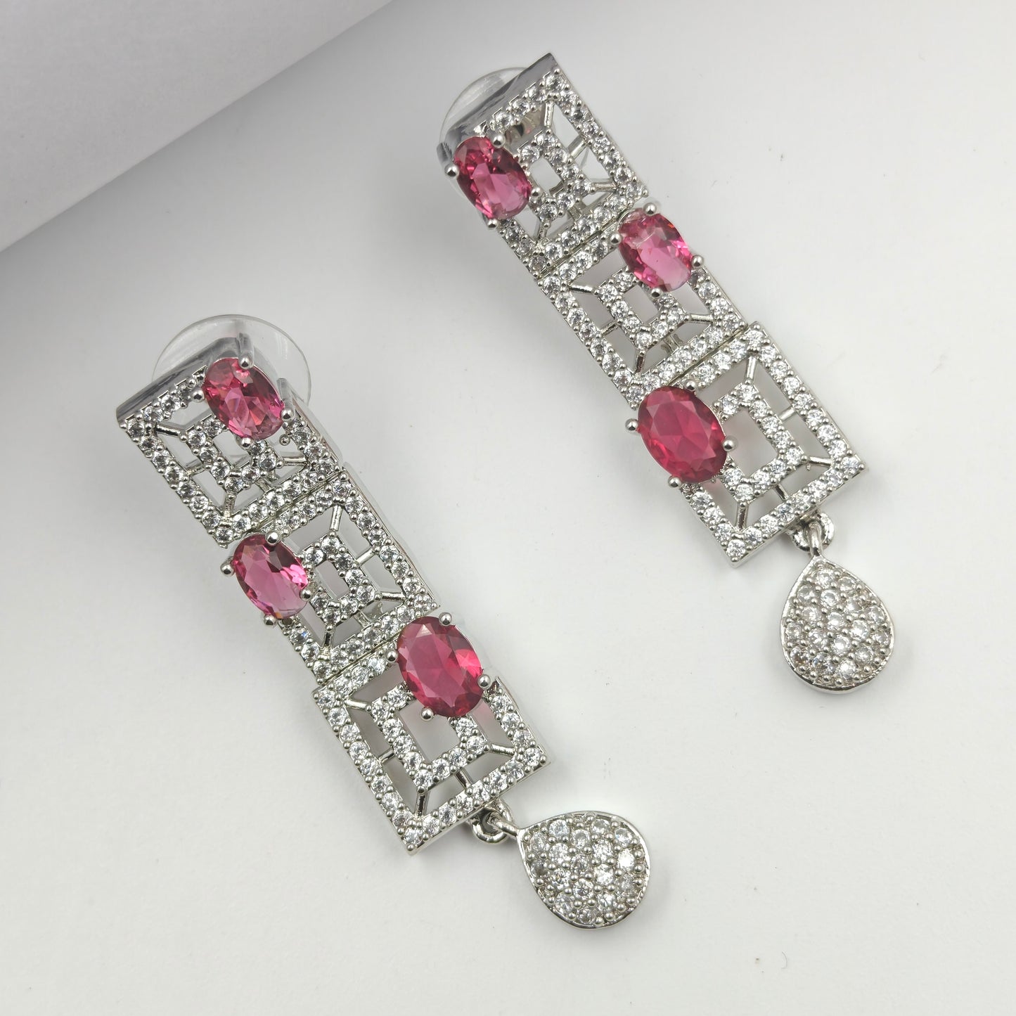 Platinum Square Stone Necklace Set Red 16291