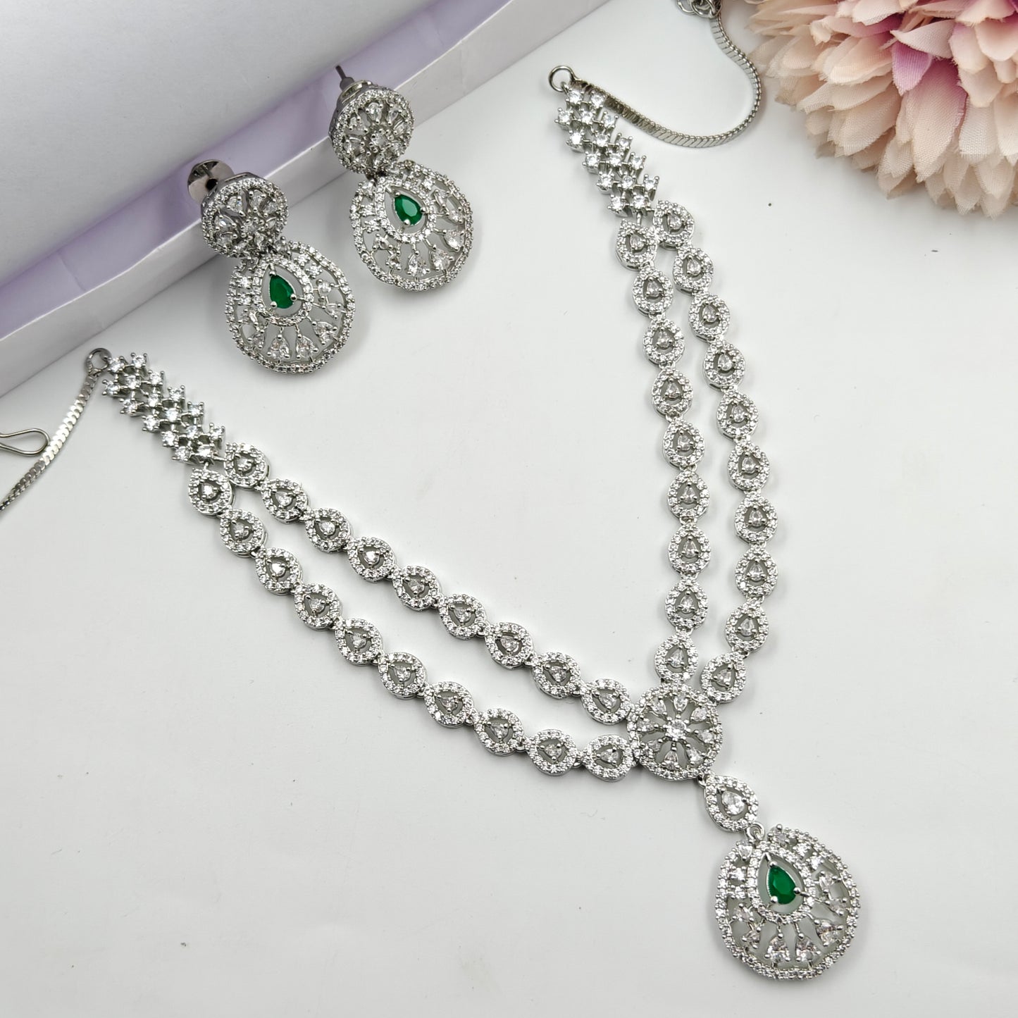 38866 Platinum Necklace Set Dark Green