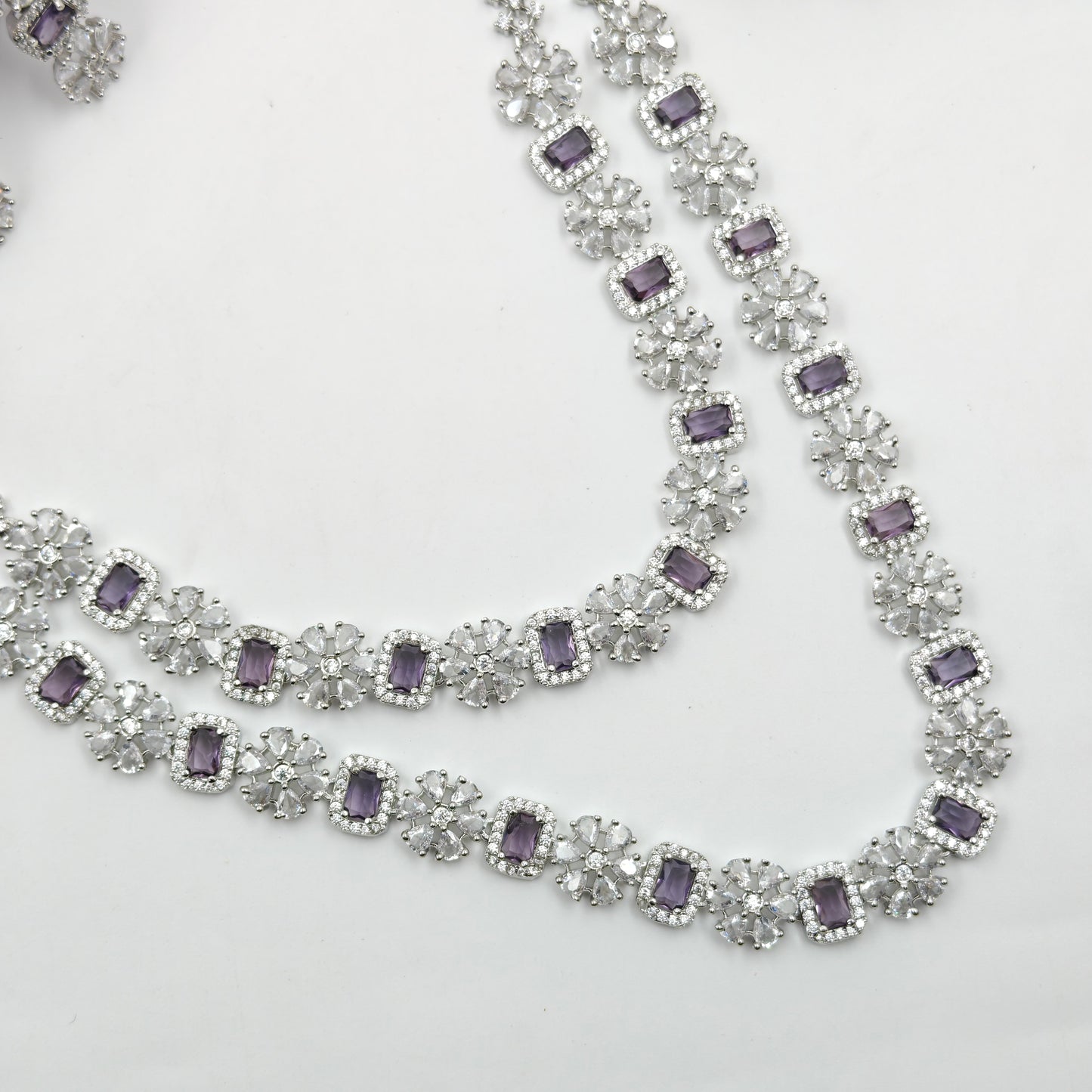 38871 Amethyst Double-Layer CZ Stone Necklace Set