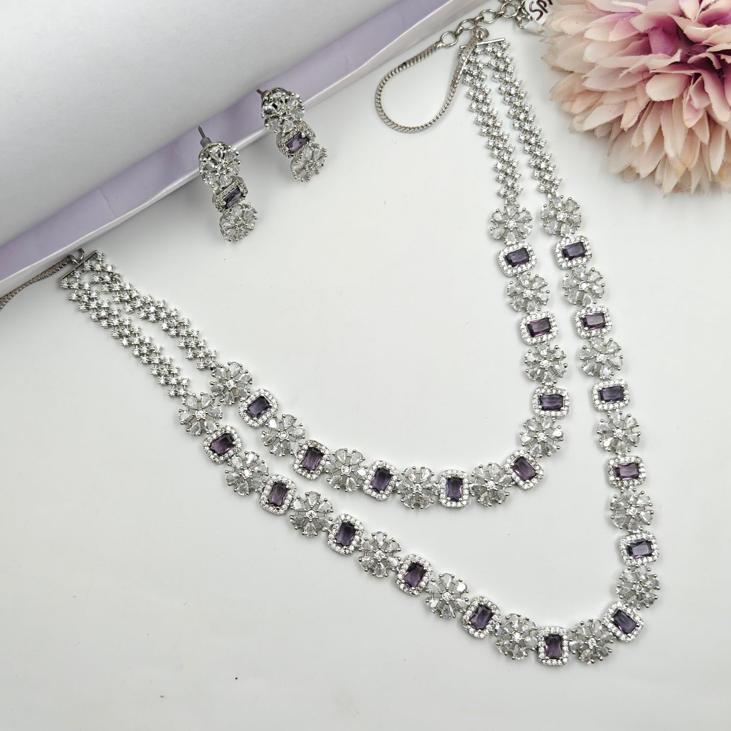 38871 Amethyst Double-Layer CZ Stone Necklace Set