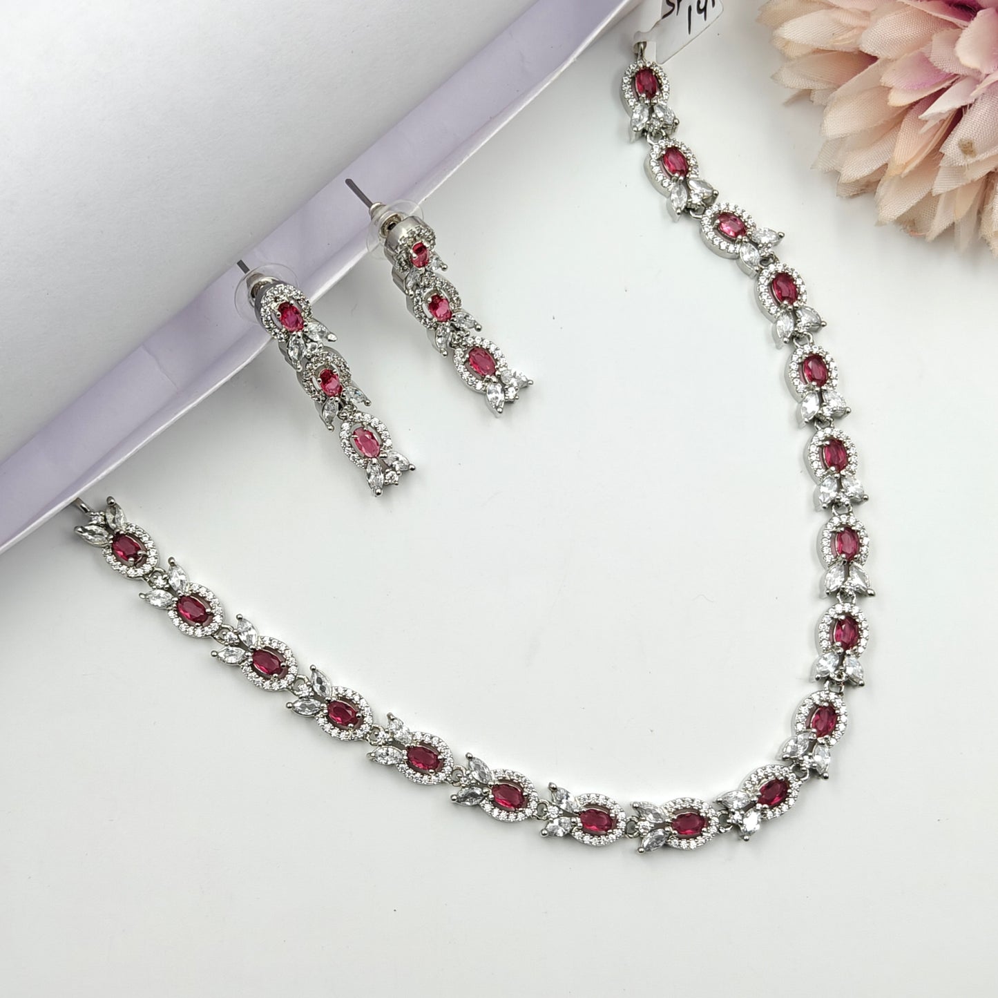 16222 / 16223 Platinum 1 Line Oval Shape Stone Red Necklace Set