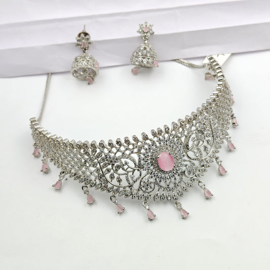 7052/7054/7055/7056 Platinum Simple Baby pink stone choker