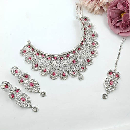 Fancy Platinum red choker with maangtika 26868