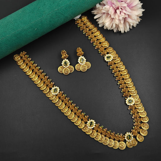 40659 Nakshi Gold Replica Kasulu Long haaram with screwback earrings