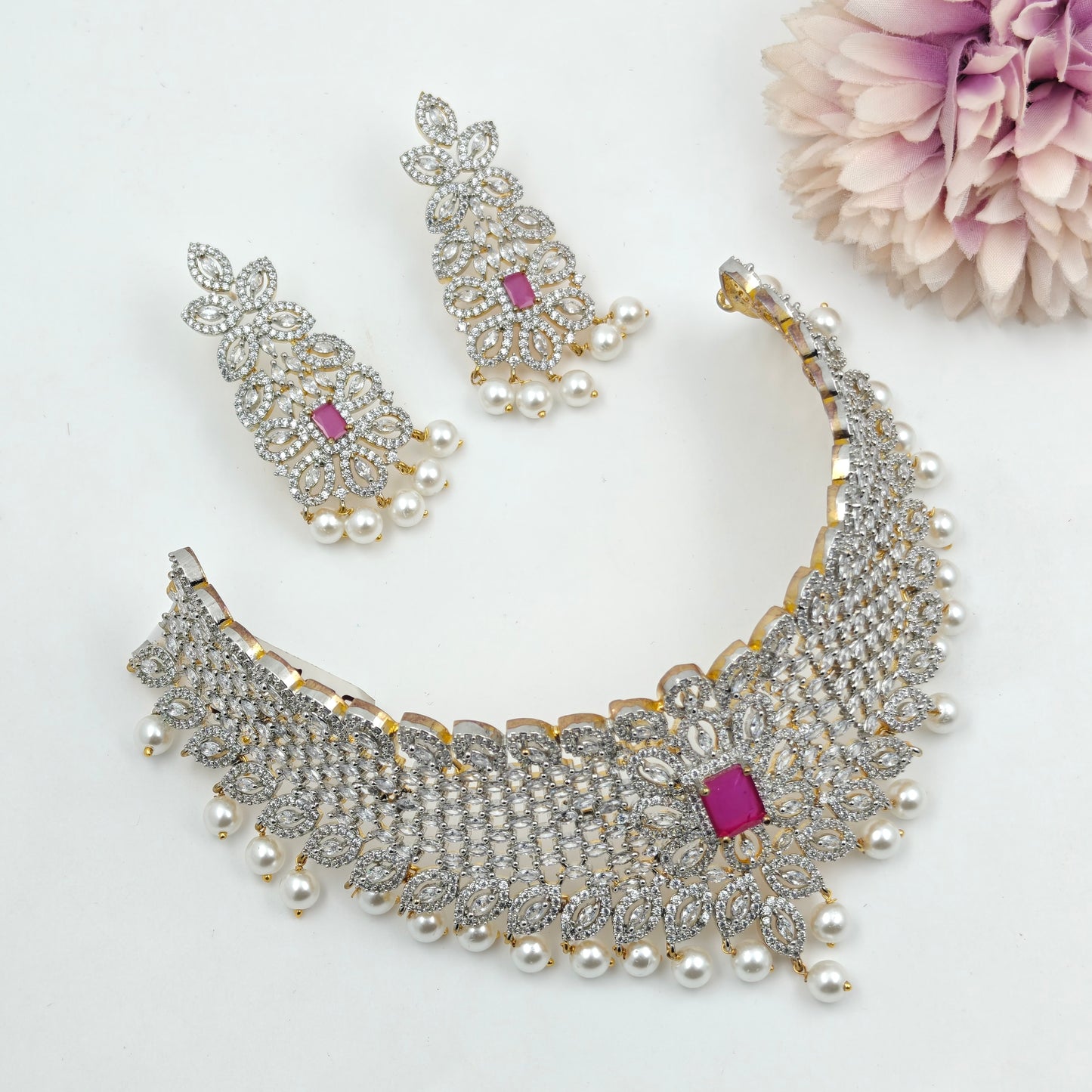 27873 Diamond look ruby stone leaves design choker