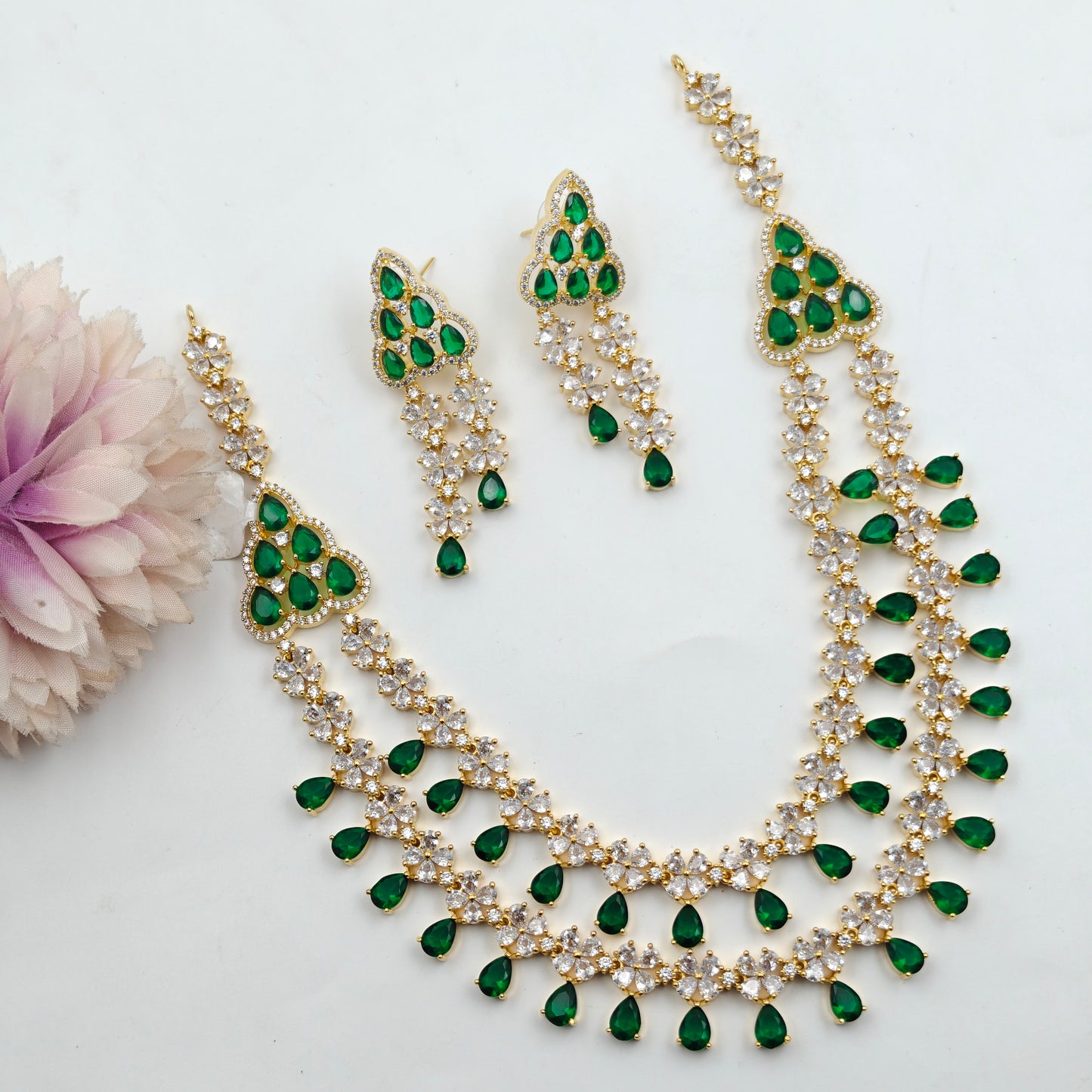 9187 GP 2 Lines 3/4th Necklace Set Green