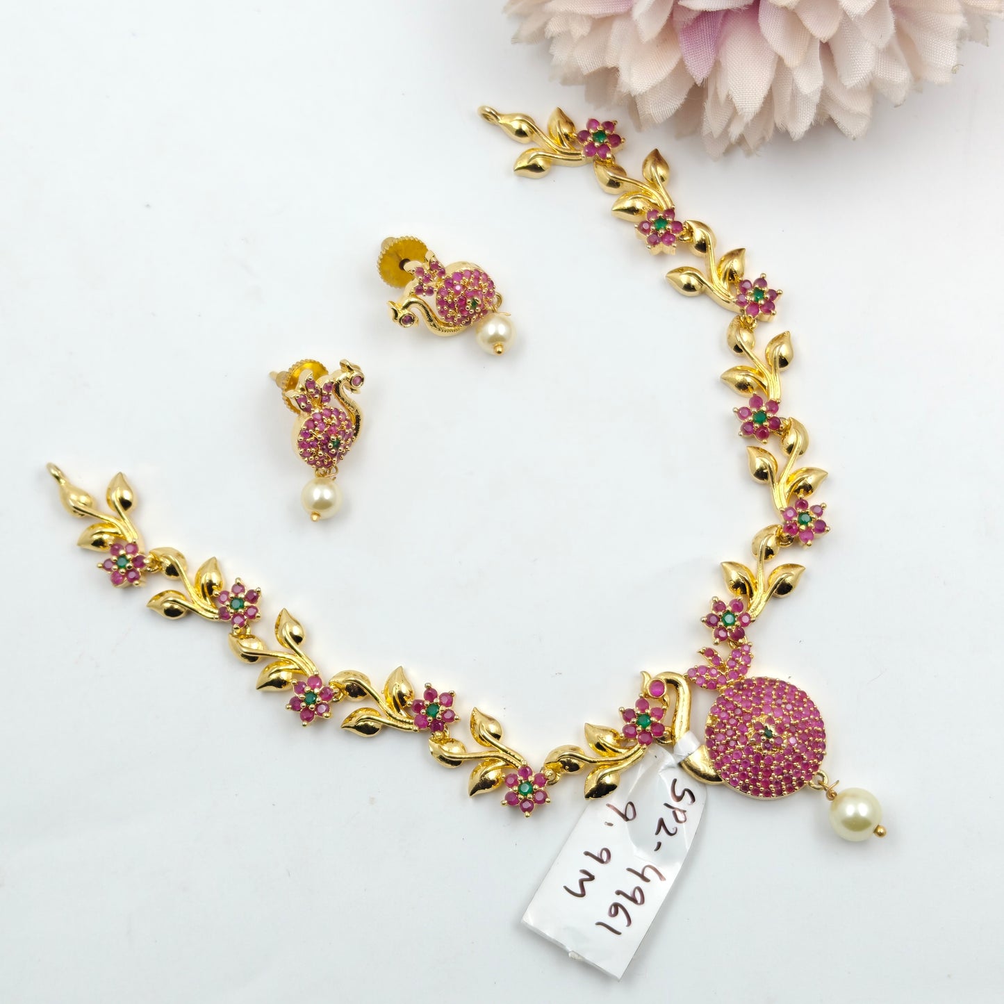 4961 CZ Flower Short Red Necklace Set