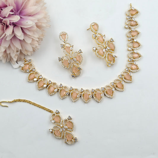 16306 Platinum 1 Line Oval Necklace Set Peach